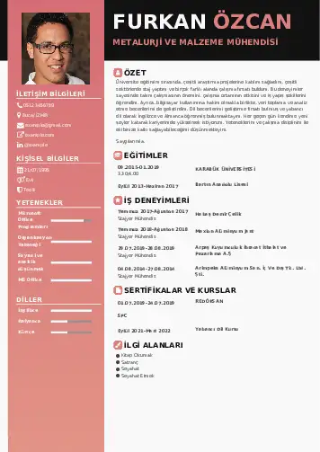 Metalürji Ve Malzeme Mühendisliği Cv Örnekleri cv indir